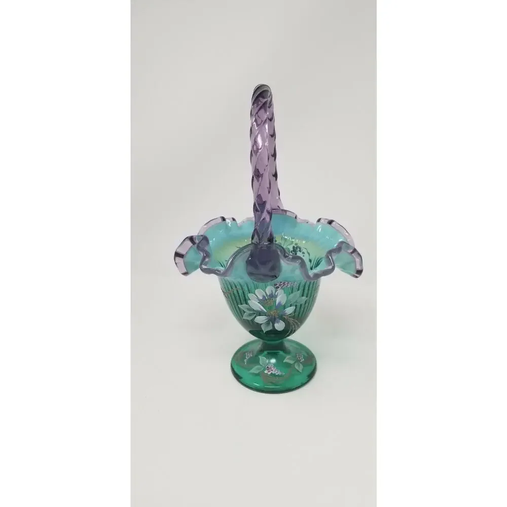Fenton Glass New Century XXI Spruce Green Purple Dragonfly Basket Signed